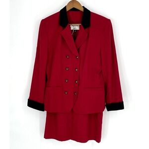 VTG Kasper For ASL Womens Skirt Suit Size 12 Red Black Lined Double Breasted